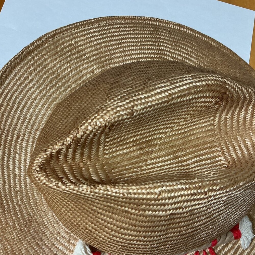 Alessandra Rivera Beige Straw Rope Trim Red Floral or Sun Embroidery Hat M - Picture 5 of 7